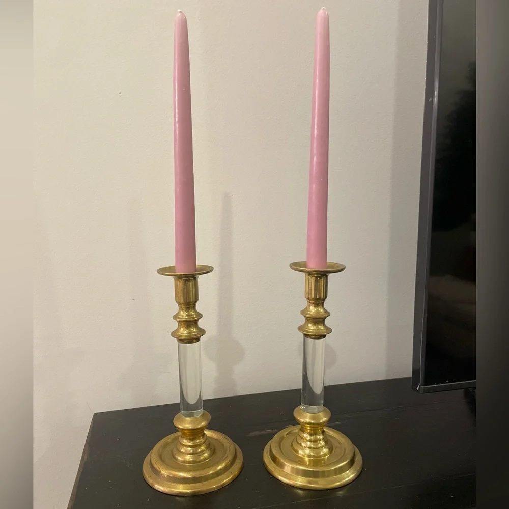 Vintage candle stick holders Art Deco lucite and brass set off 2 ~9”H x  4.5” B
